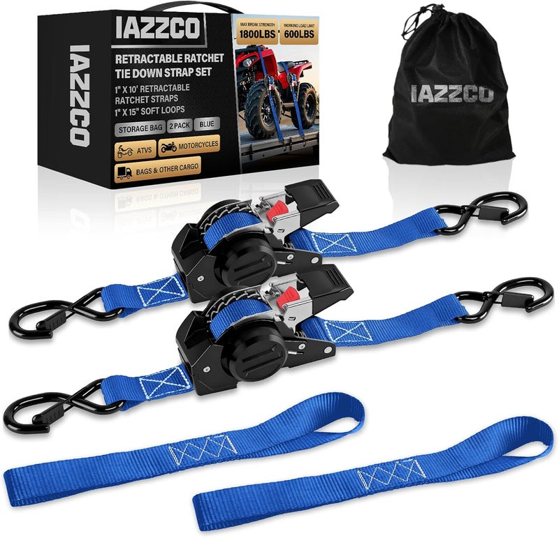 IAZZCO أحزمة ربط قابلة للسحب - 1 بوصة × 10 أقدام (1800 رطل قوة كسر) أحزمة ربط ثقيلة ذاتية السحب، للشاحنات/ATV/الدراجات النارية/البضائع/الأغراض المنزلية (أزرق/عبوة 2)  - Image 1